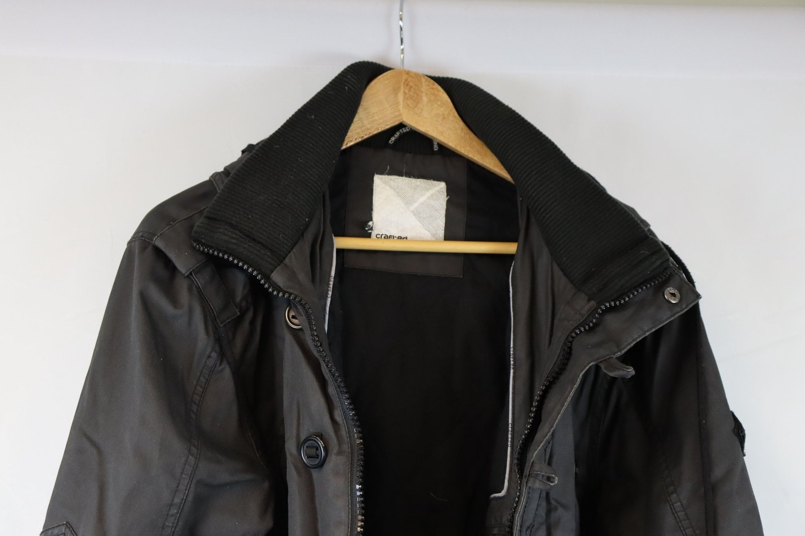 Crafted Black Hooded Jacket Zip Button Pockets Size Large