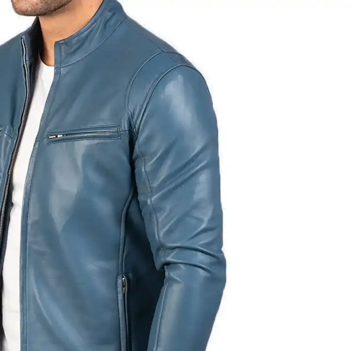 «Men’s Blue Leather Biker Jacket Fashion Core Style Motorcycle Gear Luxury»