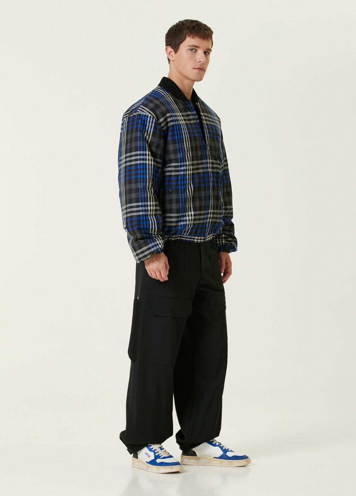 (NO CUSTOMS TAX) MSGM Milano gray & blue plaid puffer bomber jacket Size Large
