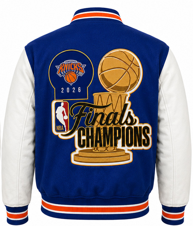 NY Knicks Finals Champions 2026 Blue Wool/Leather Varsity Jacket Embroidered