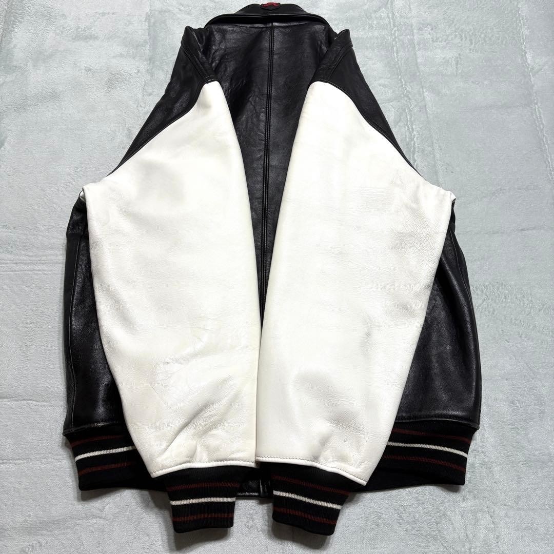 AVIREX XL Leather Varsity Jacket Black White Genuine Leather Cleaned F/S