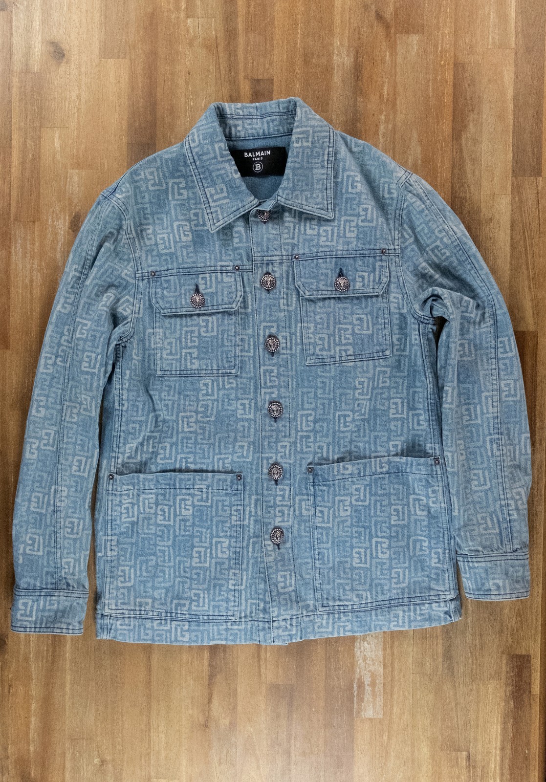 (NO CUSTOMS TAX) BALMAIN blue faded monogram buttoned denim jacket Size Medium