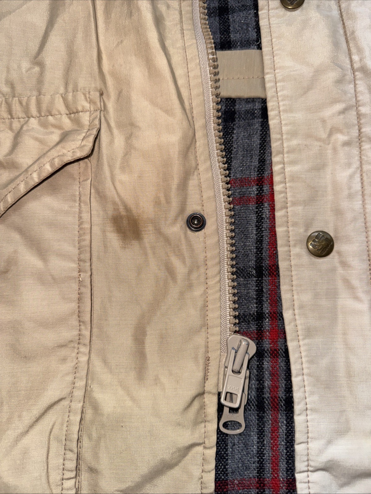 VTG Columbia Sportswear Insulated Jacket Mens XL Tan Plaid Lining Dry Clean Only