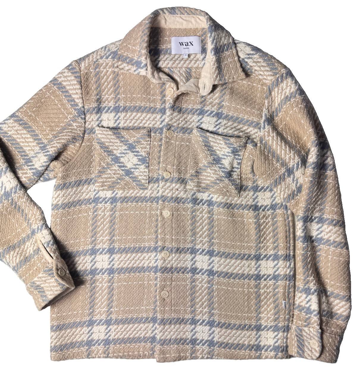 Wax London Whiting Overshirt Jacket Small Plaid Heavy Cotton Shacket Beige Blue