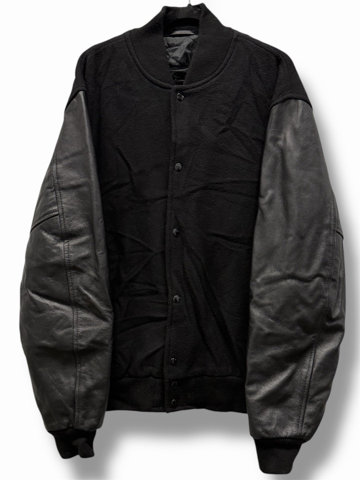 Stewart & Strauss Black Wool Cowhide Leather Sleeves Varsity Jacket Mens XL $279