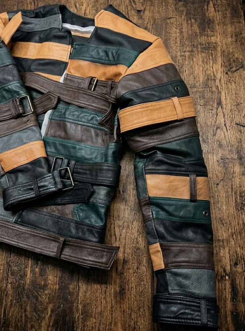 Multi-Tone Leather Belted Jacket | Handmade Striped Sheepskin Biker Streetwear