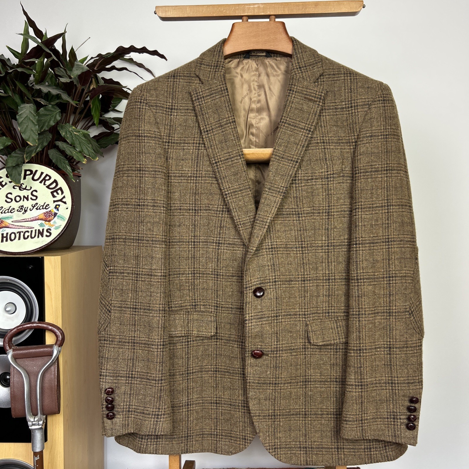 Barbour (42R) Glen Check Elbow Patch Sport Coat Tweed Blazer POW Hacking Jacket