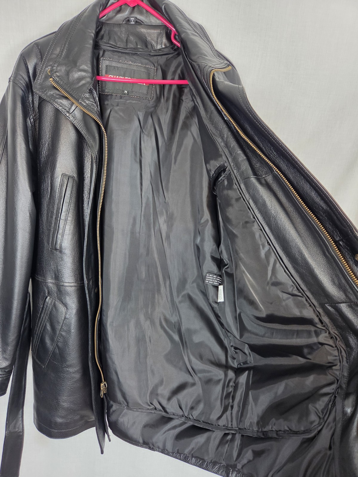 VTG Charles Klein Leather Trench Coat Men’s M Black Belted Insulated Liner Heavy
