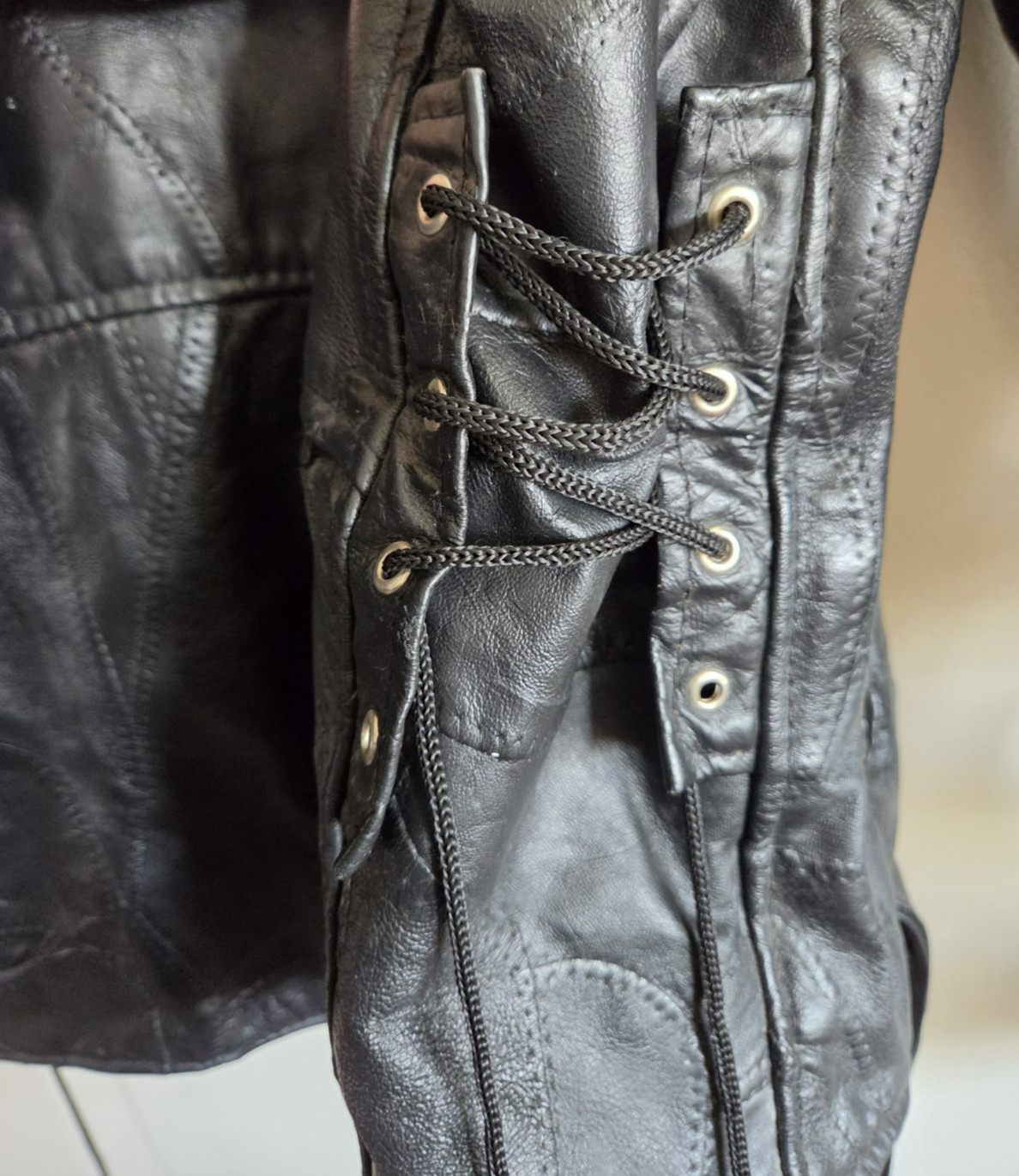 Vtg Diamond Plate D-Pocket Buffalo Leather Motorcycle Jacket Black Biker Moto