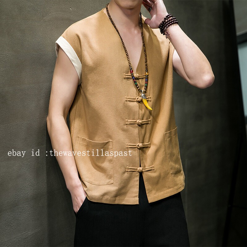 Men Cotton Linen Waistcoat Vest Sleeveless Tang Suit Jacket Kung Fu Tai Chi Vest