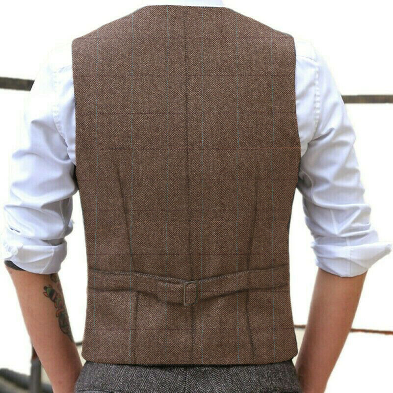 Mens Suit Plaid Waistcoat Tweed Vest Herringbone Windowpane Wedding Vintage Wool