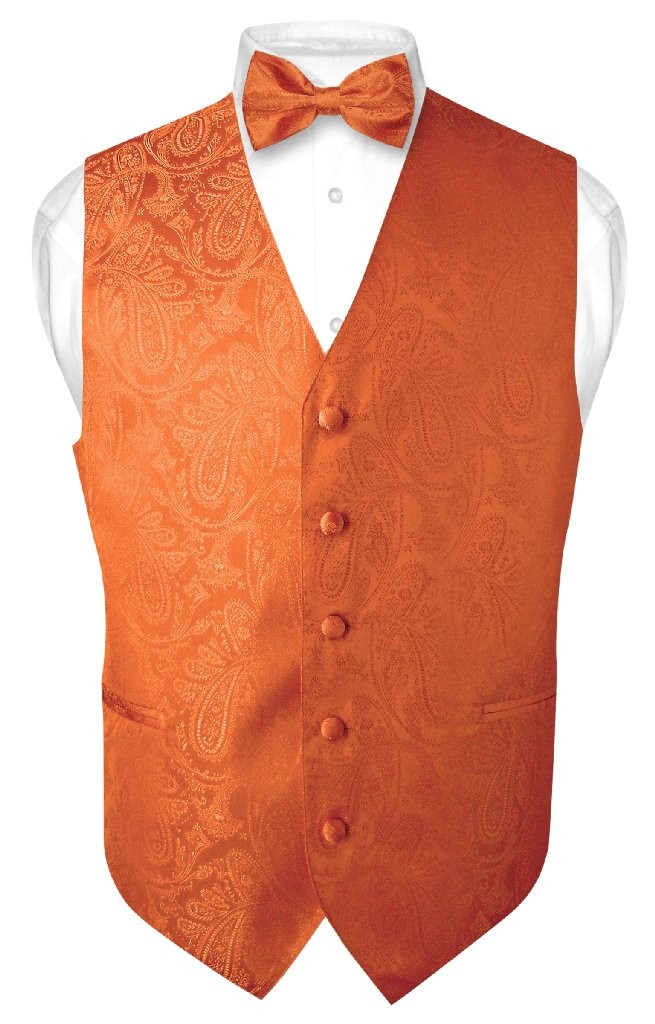 Men’s Dress VEST Bow Tie BURNT ORANGE PAISLEY Design Suit Tux BowTie Hanky Set