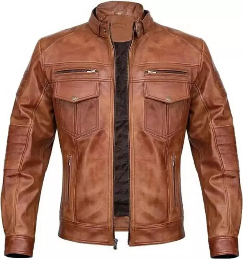 Real Lambskin Multi-Pockets Leather Jacket Stylish Outwear Men’s Cafe Racer Coat
