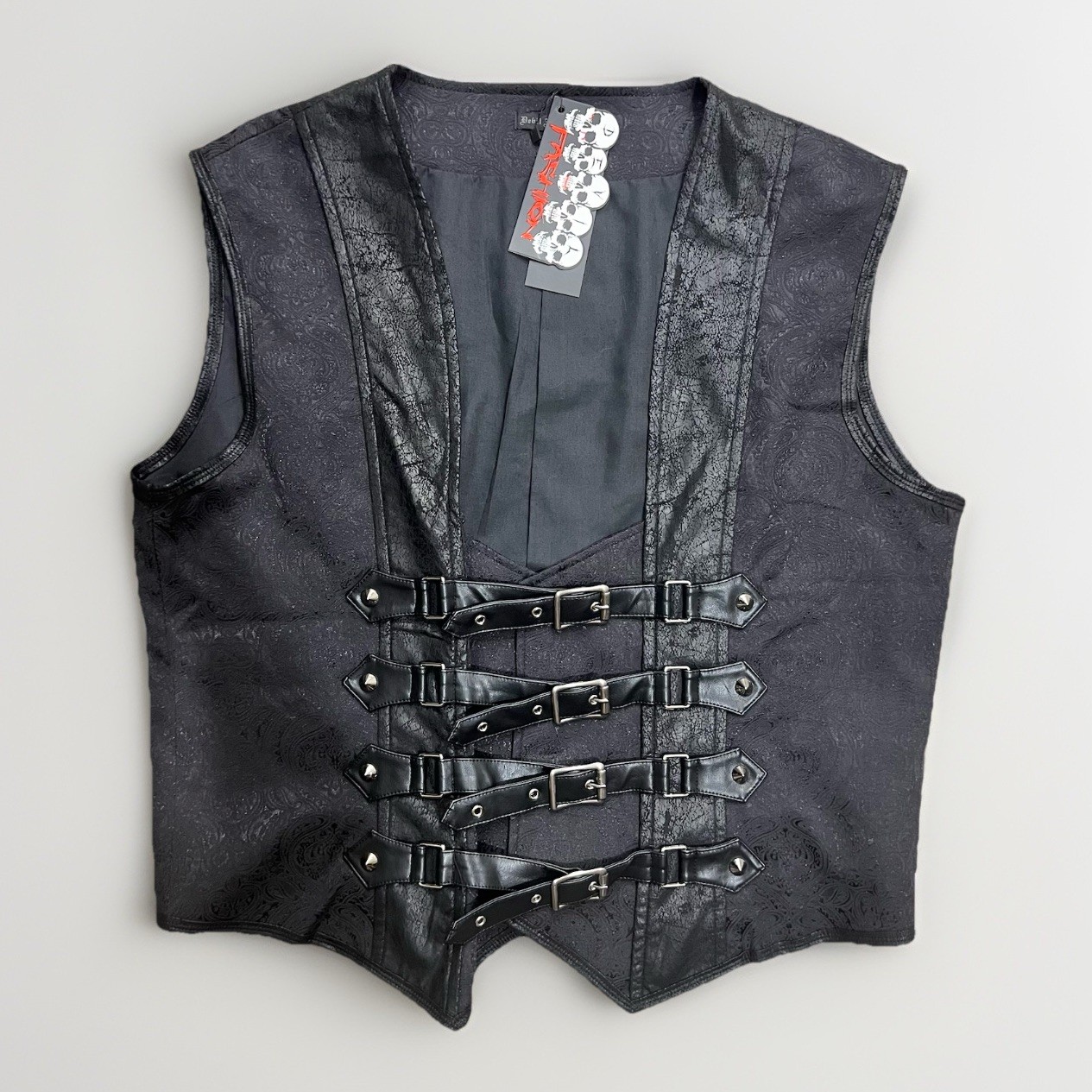 Gothic Steampunk Brocade Vest Corset Back Straps Spikes Devil Fashion 3XL