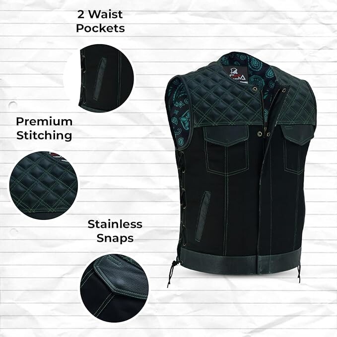 Men’s Club Style Leather Denim Vest Collar Less With Green Stiches’ Laces Up