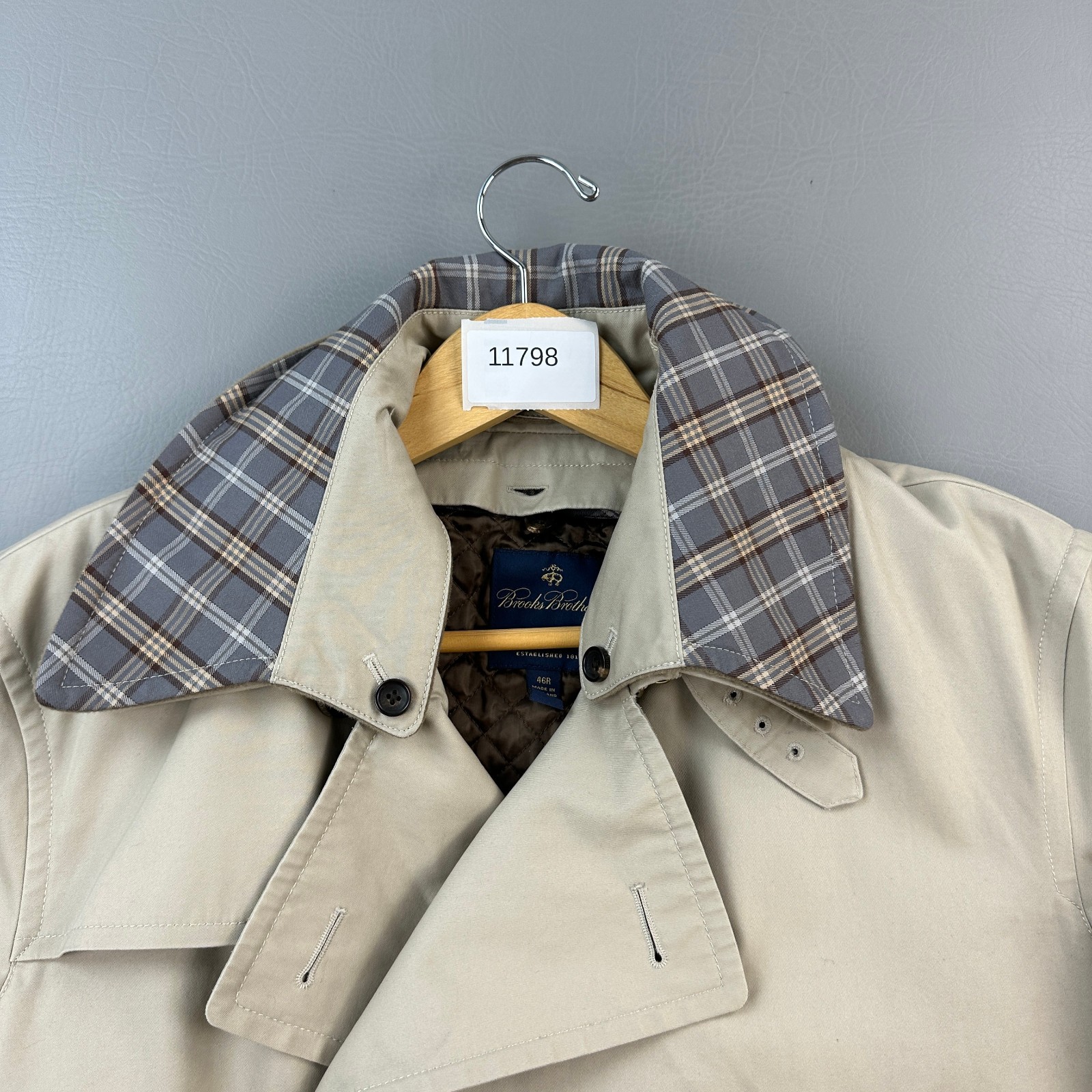 Brooks Brothers Trench Coat Mens 46R Beige Removable Wool Cashmere Liner Belted