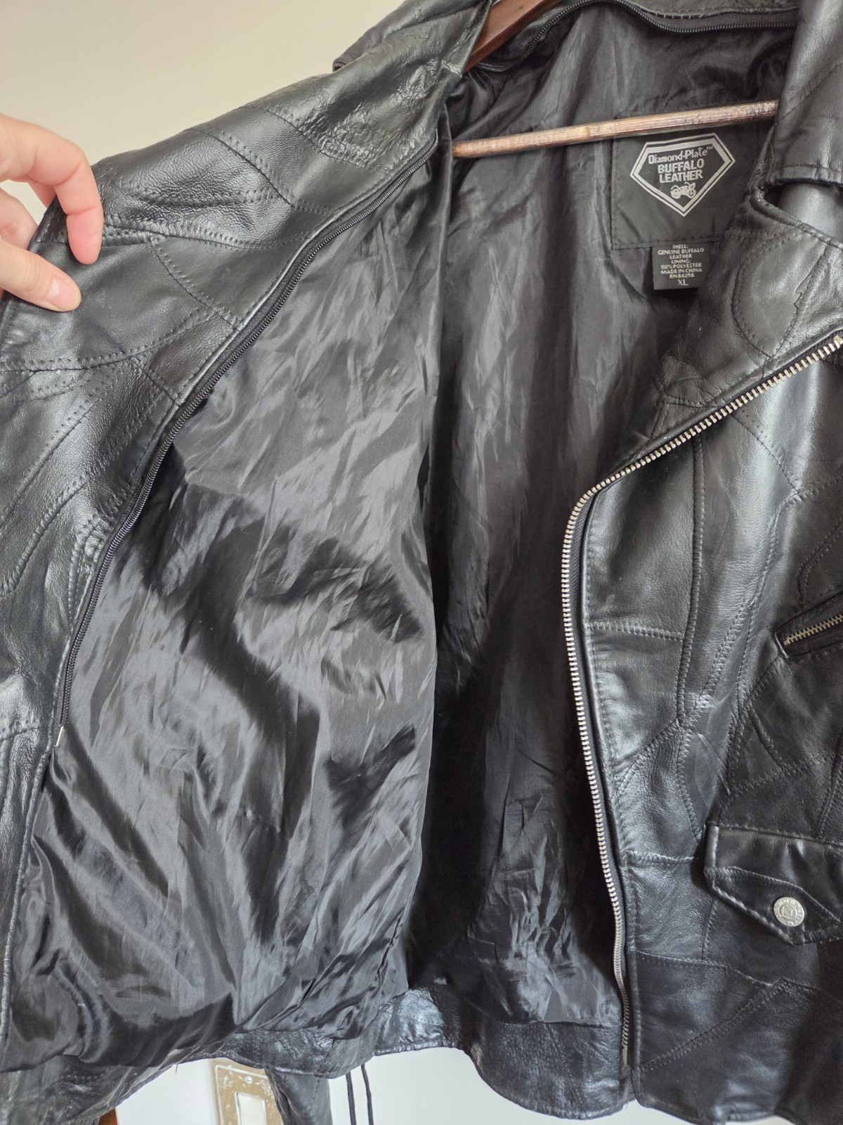 Vtg Diamond Plate D-Pocket Buffalo Leather Motorcycle Jacket Black Biker Moto