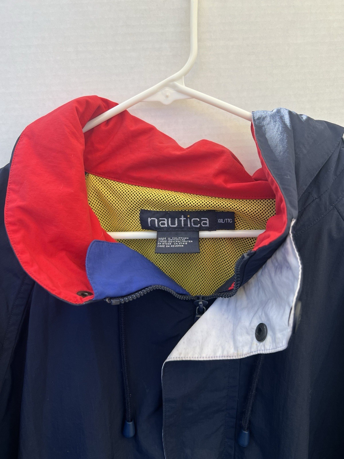 Nautica Men’s XXL Windbreaker Jacket Navy Red Hood Zip Button Drawstring