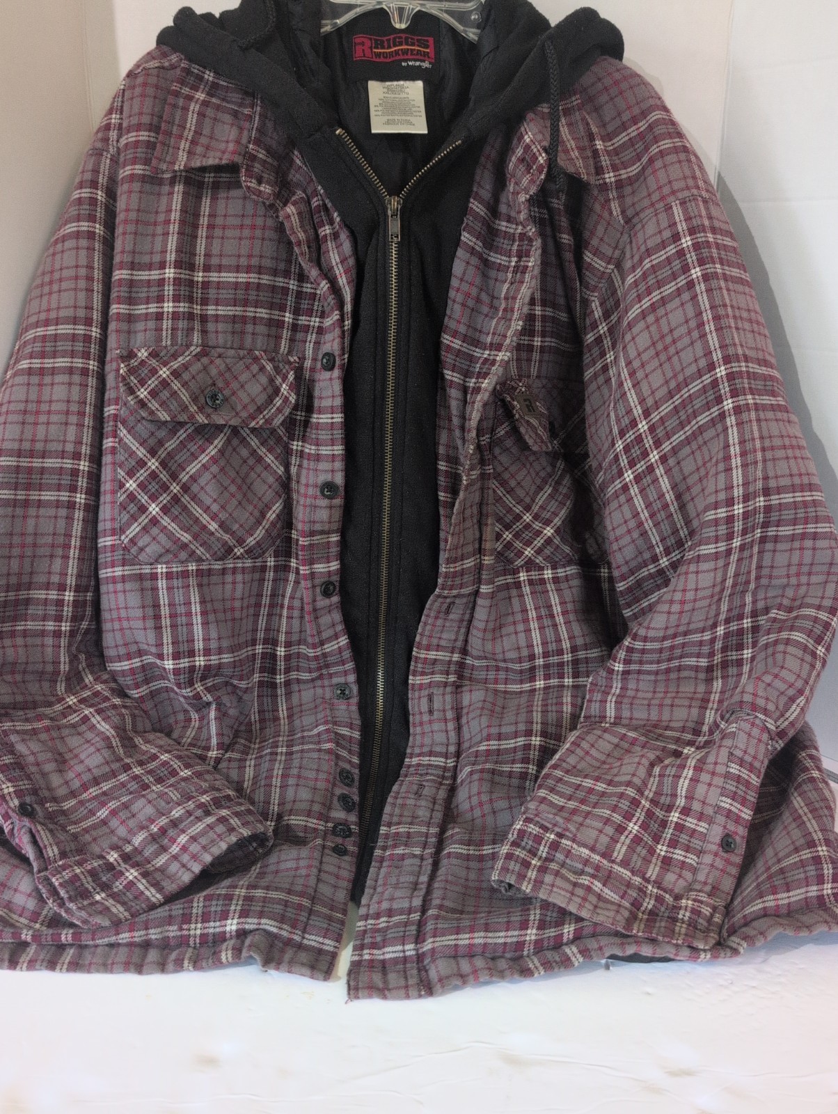 Wrangler Riggs Workwear Quilt Lined Zip Flannel Jacket Mens 2XL Hooded Red Plaid