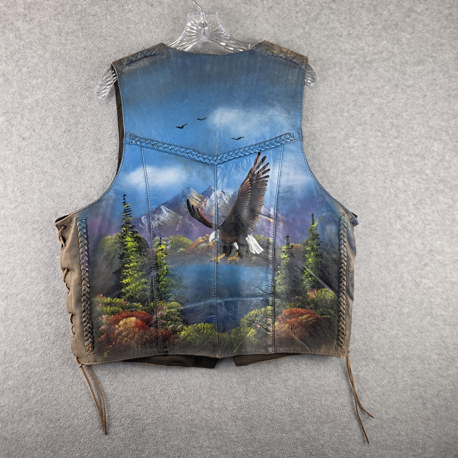 The Leather Shop Vest Mens XL Brown Leather Eagle Scenic Biker Lace Up Vest