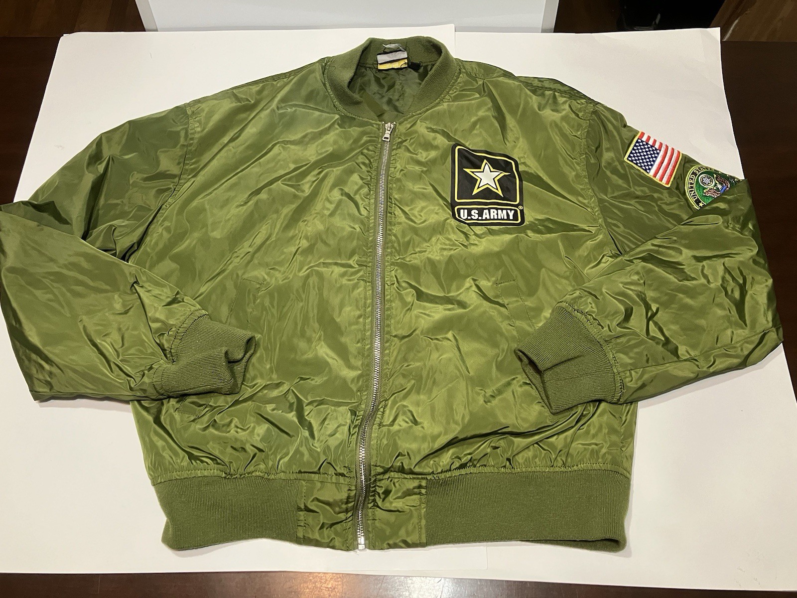 US Army Jacket Mens Medium Green Bomber Military Coat United States Flag Patch