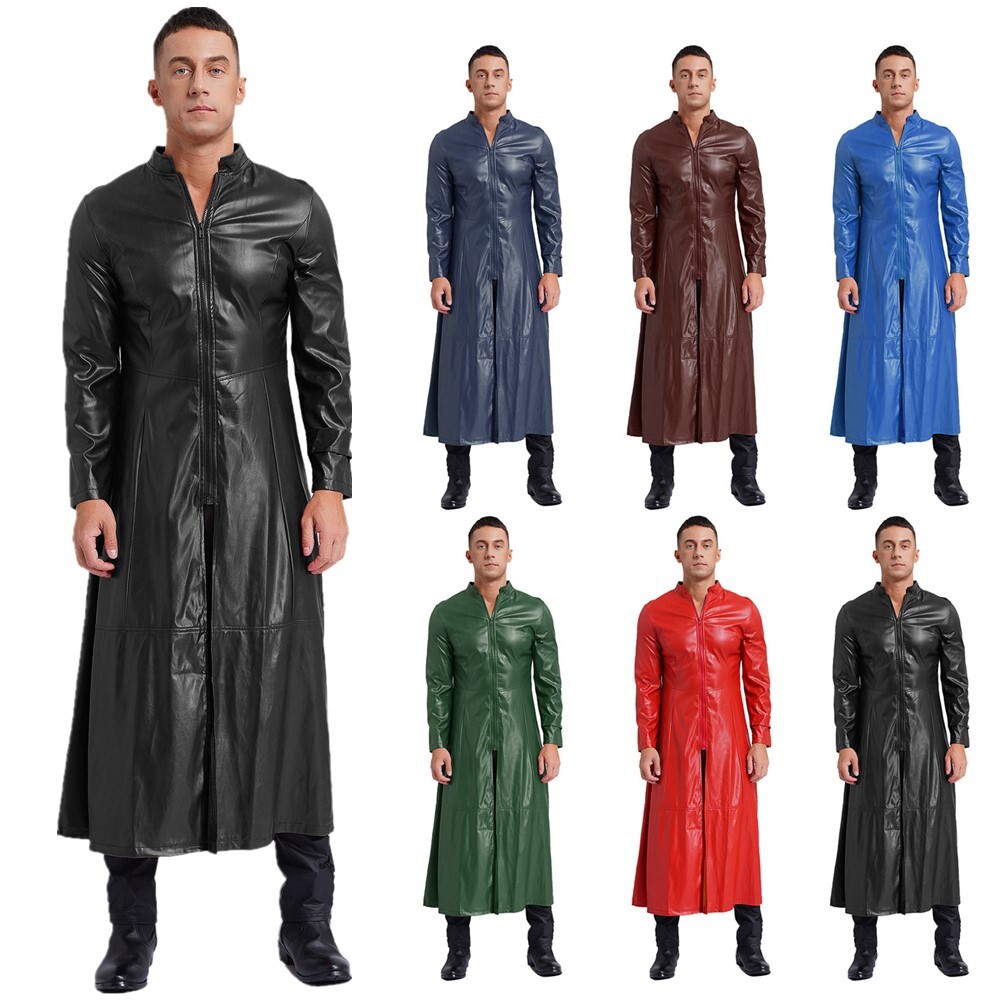 US Men PU Leather Jackets Overcoat Gothic Steampunk Stand Collar Trench Coats