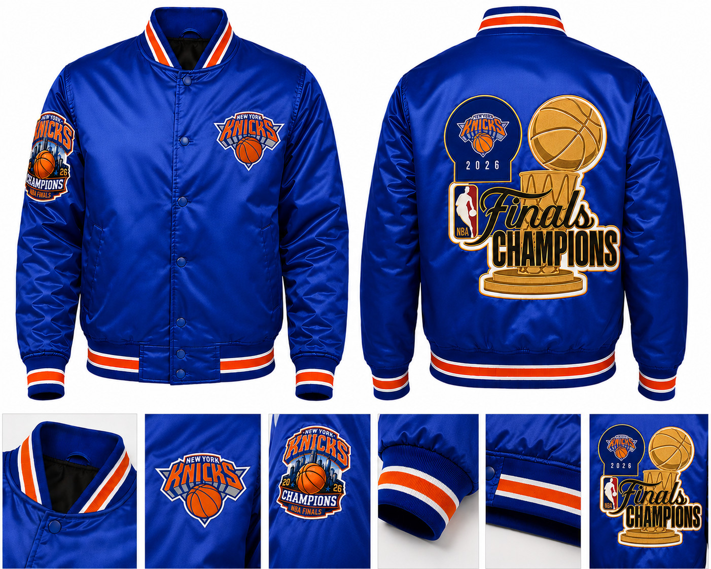 NY Knicks Finals Champions 2026 Blue Satin Bomber Varsity Jacket Embroidered