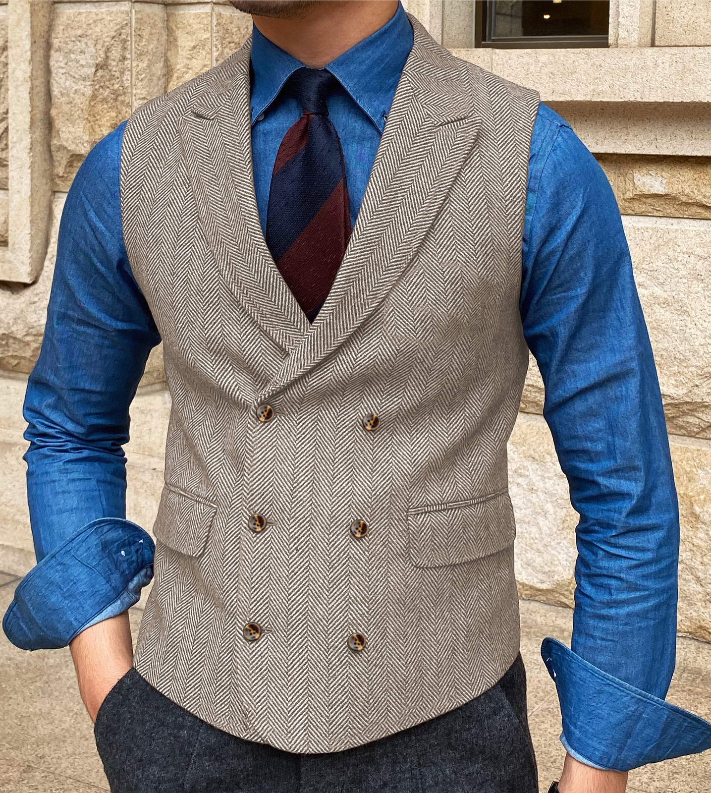 Formal Men Herringbone Double-Breasted Tweed Waistcoat Vest Wedding Vintage Wool