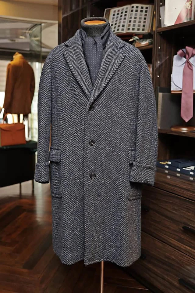 Men’s Overcoat Herringbone Formal Business Tweed Outdoor Warm Casual Long Coat