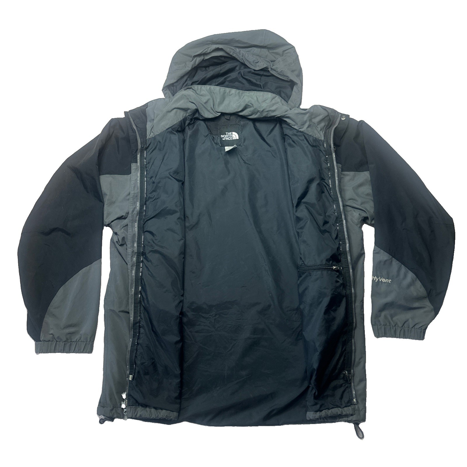 The North Face HyVent Mens Large Gray and Black Jacket Soft Shell Hooded Size L
