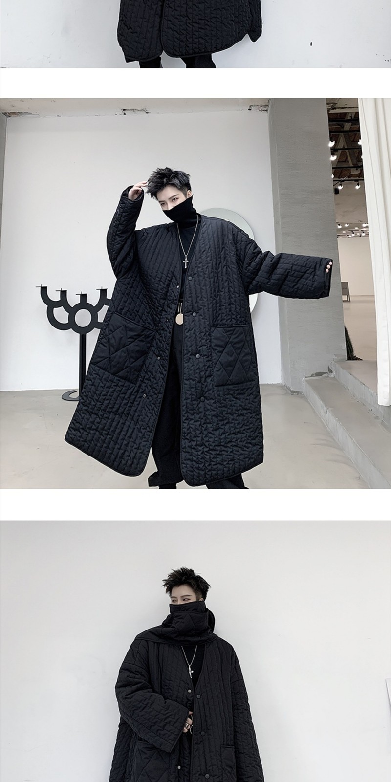 Dark Loose Men’s Mid Length Winter Cotton Jacket Windbreaker with Scarf Coat