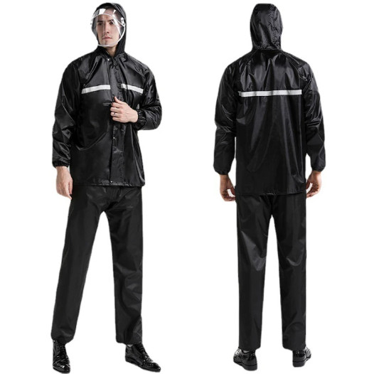 Black Safety Rain-suit, Rain Jacket With Hoodie & Rain Pants Waterproof Raincoat