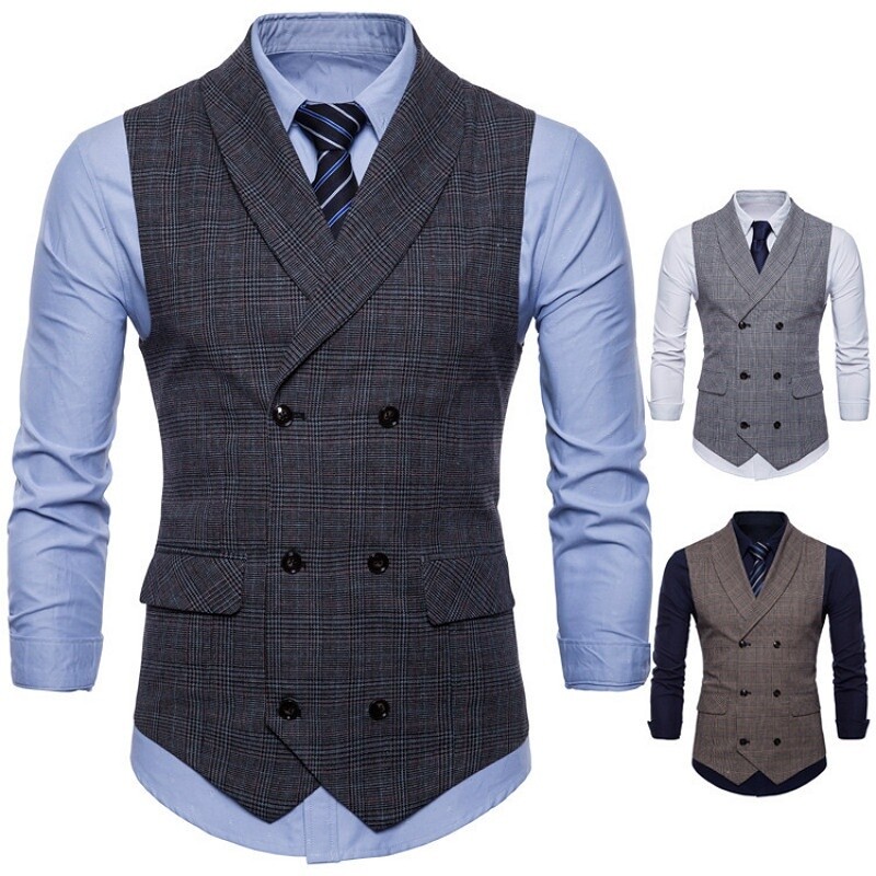 Men’s Suit Vest Jacket Double Breasted Check Slim Formal Waistcoat Top Classic