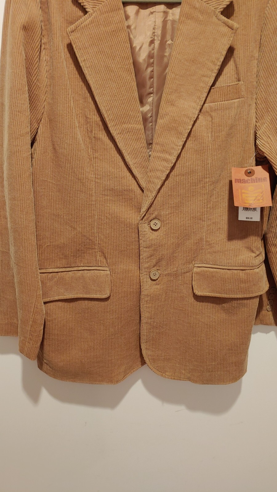 NWT Machine Clothing Co. Men’s Tan Corduroy Two Button Blazer Large 100% Cotton
