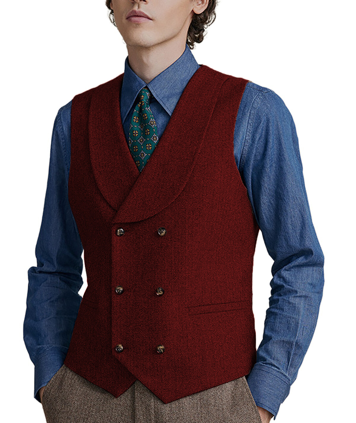 Shawl lapel Vests Mens Double-breasted Waistcoats Tweed Herringbone Wedding Wool