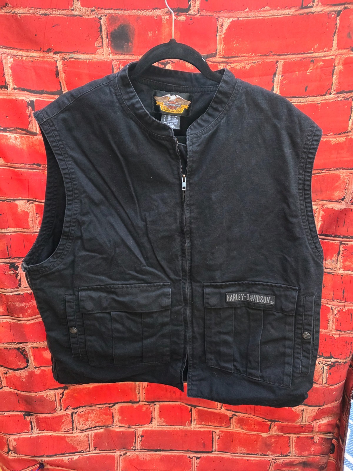Harley Davidson Zipper Vest XL Black Cotton Logo Cargo Pockets Lace Up MEN’S