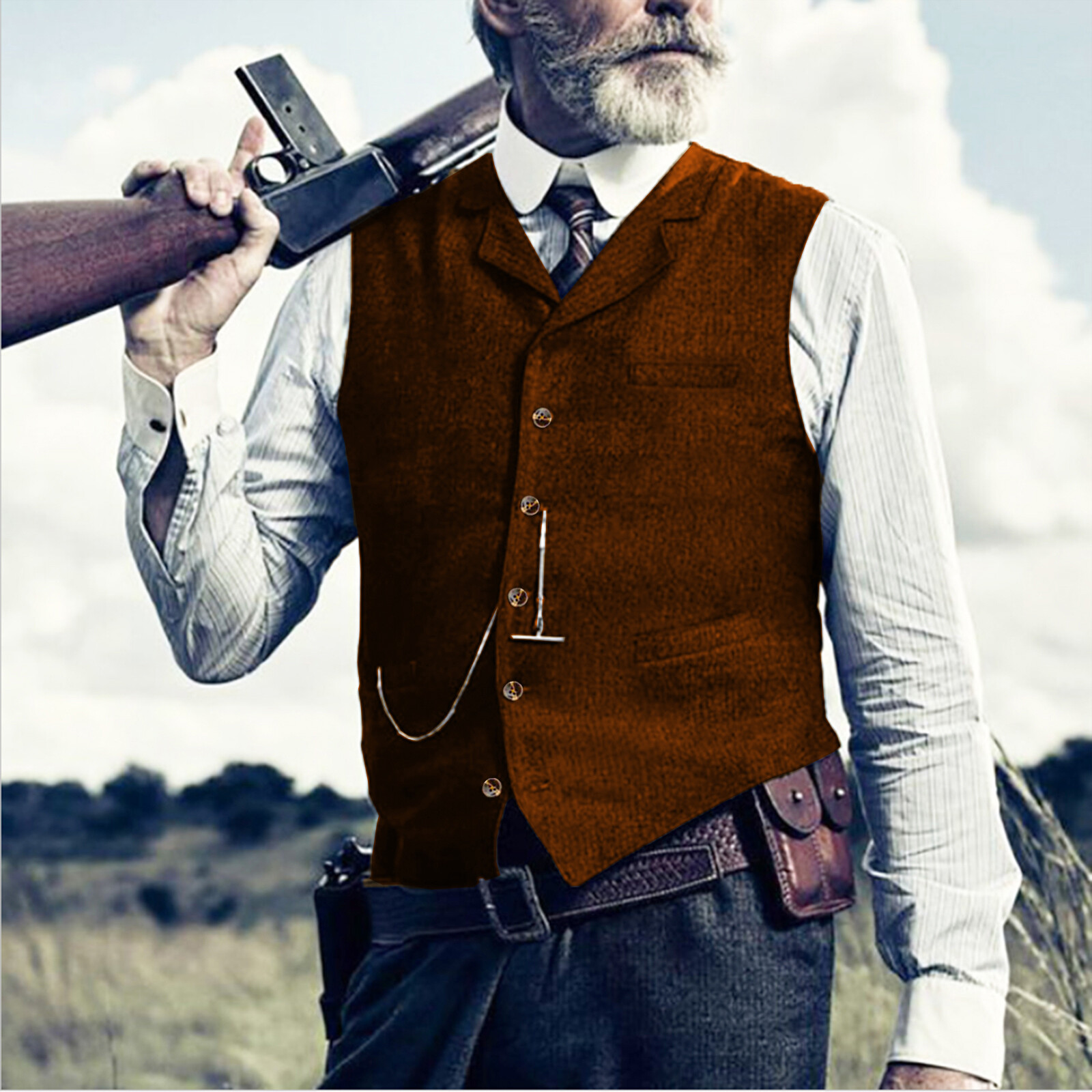 Brown Mens Hunting Waistcoats Vintage Tweed Vests Herringbone Wedding Retro Wool