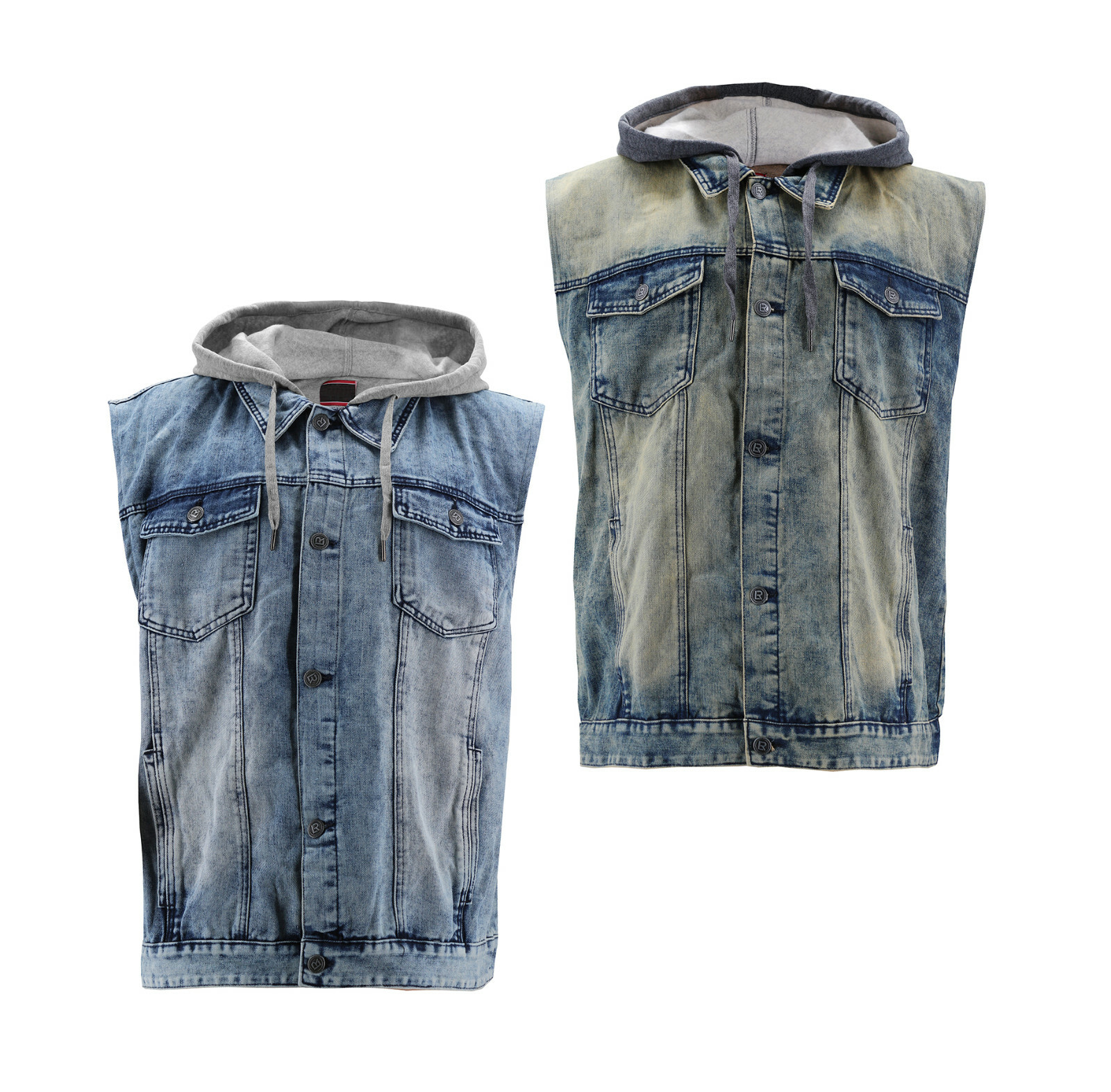 Men’s Cotton Blend Button Up Trucker Denim Jean Vest With A Drawstring Hood
