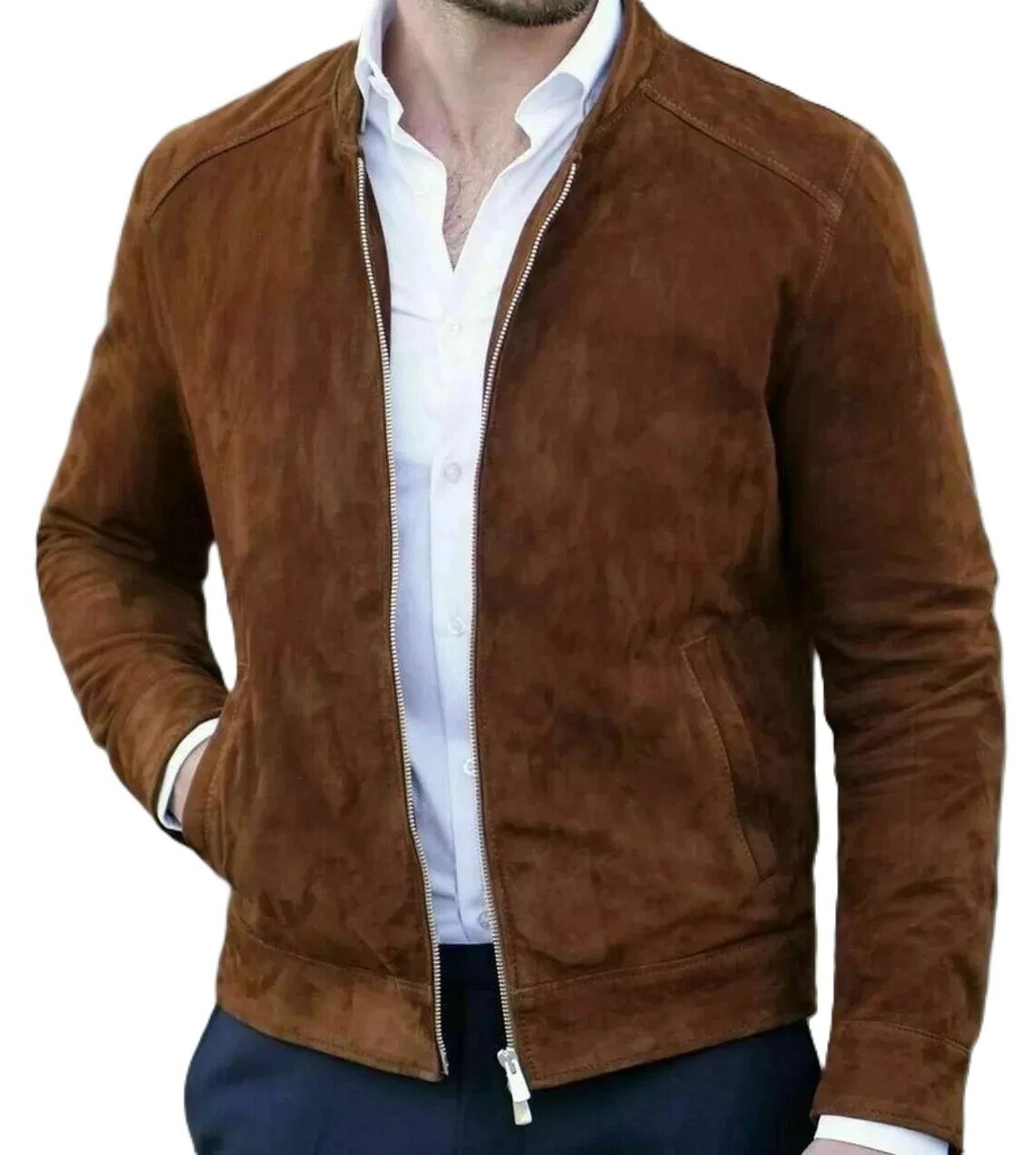 Mens Fashion brown Casual Suede Leather Biker Jacket