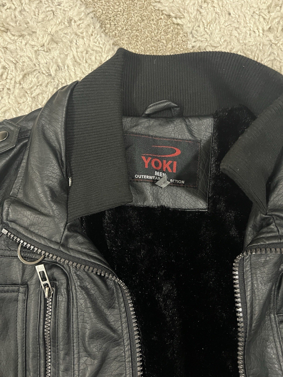Yoki Men’s Black Bomber Leather Jacket Size XL Faux Fur Lined Full Zip Vintage