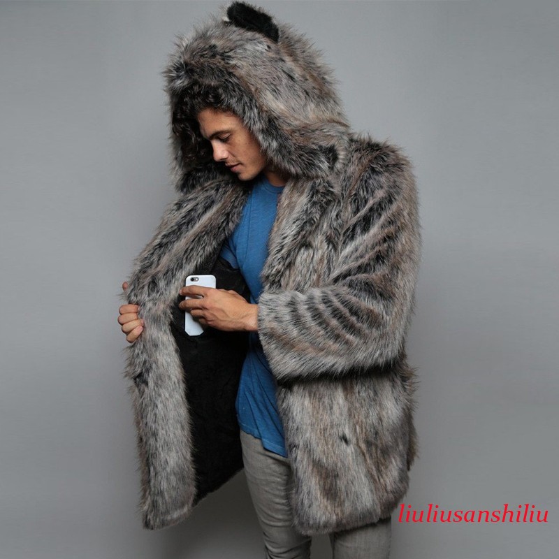 Mens Faux Fur Hooded Thick Warm Jackets Male Plush Fluffy Cardigan Casual Parka