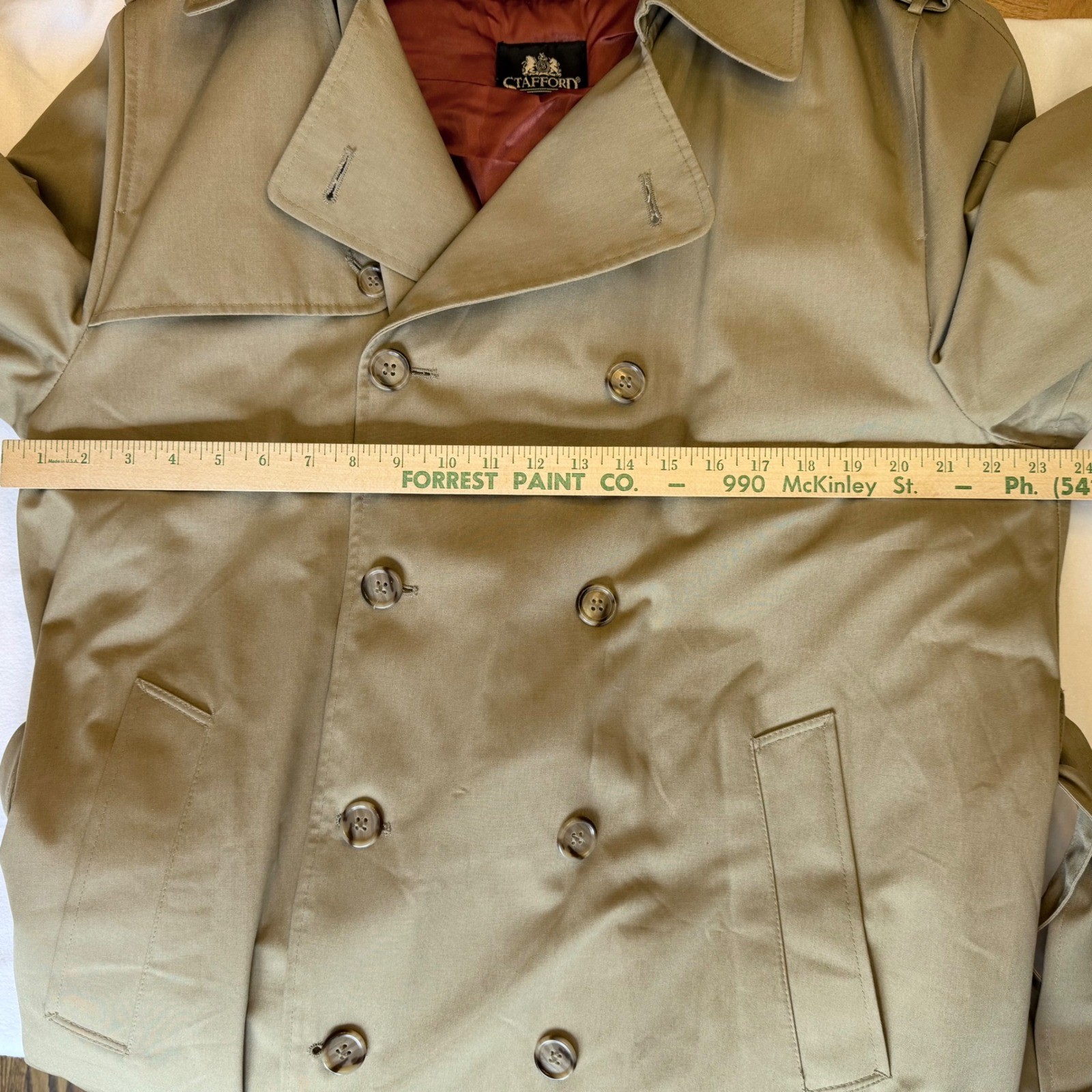 Stafford Lined Trench Coat Khaki Size 44 Double Breasted Belted Vintage Korea