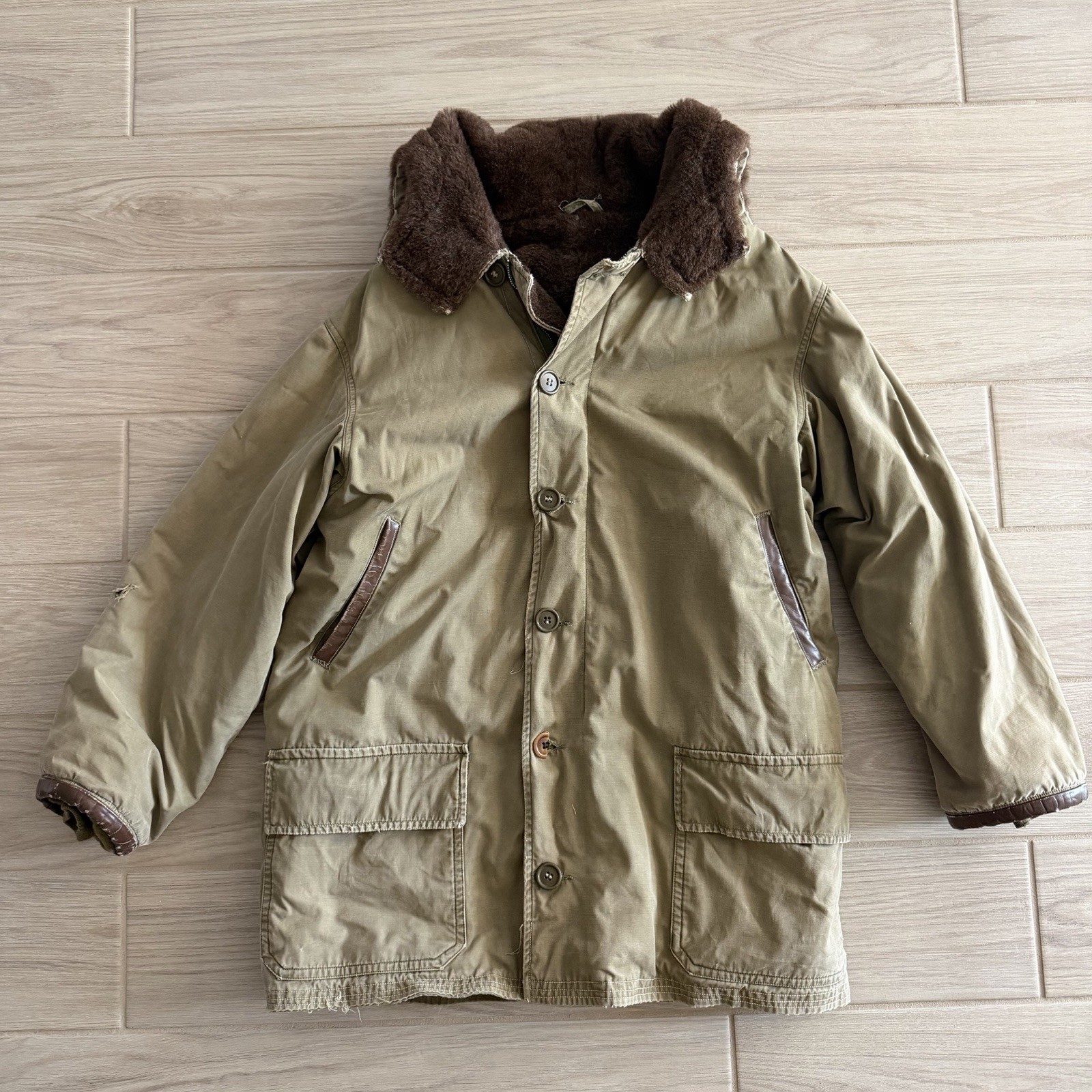 VINTAGE 1940s-50s MILITARY ‘Tan’ FUR LINED SPLIT HOOD FULL ZIP PARKA SIZE N/A