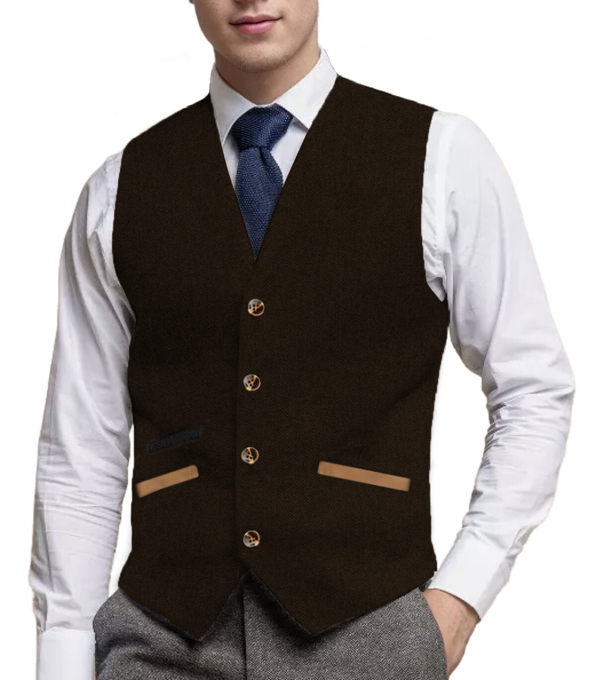Men Hipster Vest Pocket Soft Vintage Tweed Herringbone Suit Waistcoat Retro Wool