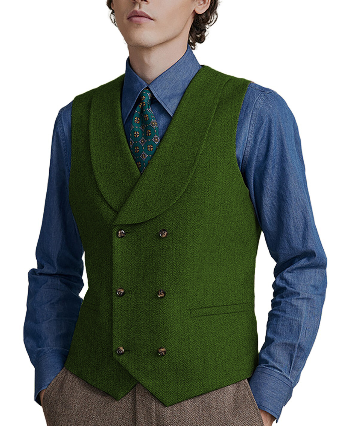 Shawl lapel Vests Mens Double-breasted Waistcoats Tweed Herringbone Wedding Wool