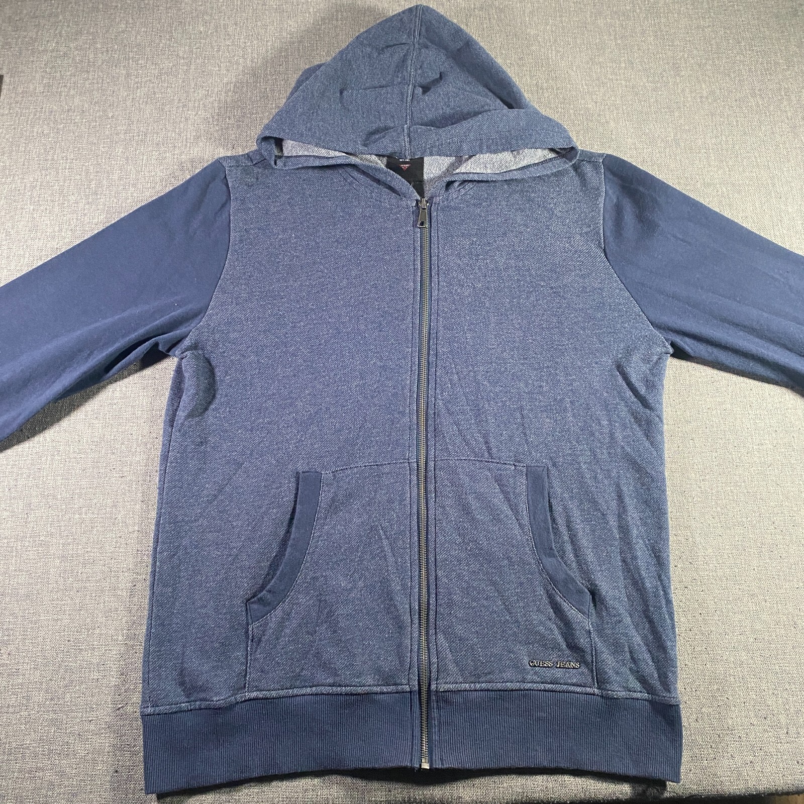 Guess Jacket Mens Large Blue Full Zip Lightweight Hoodie Stretch Knit