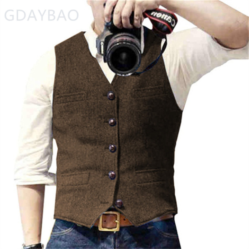 Formal Men Herringbone Double-Breasted Tweed Waistcoat Vest Wedding Vintage Wool