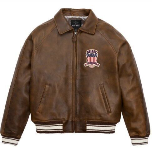 Men Avirex Brown Real Bomber American Flight Jacket Leather Jacket-FAST SHIPPING