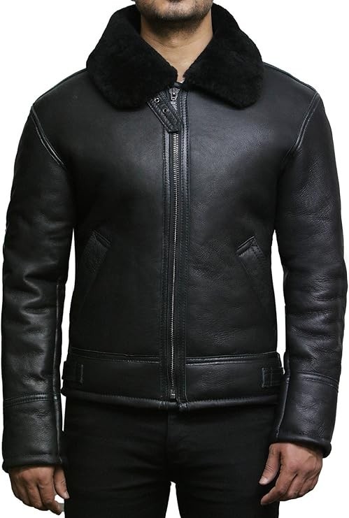 Men B3 Shearling Sheepskin Leather Bomber Jacket Aviator Flight Coat Black Fur