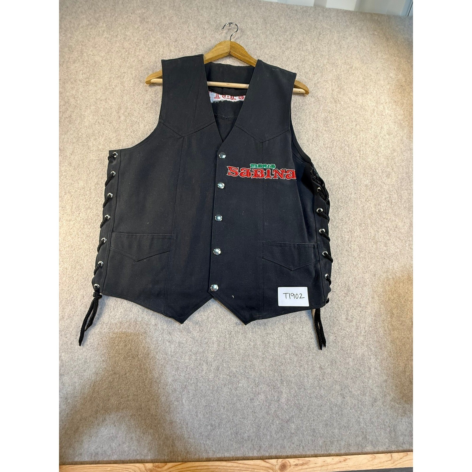 Maria Sabina Biker Vest Mens 38 Black Canvas Lace Up Side Snap Front Motorcycle